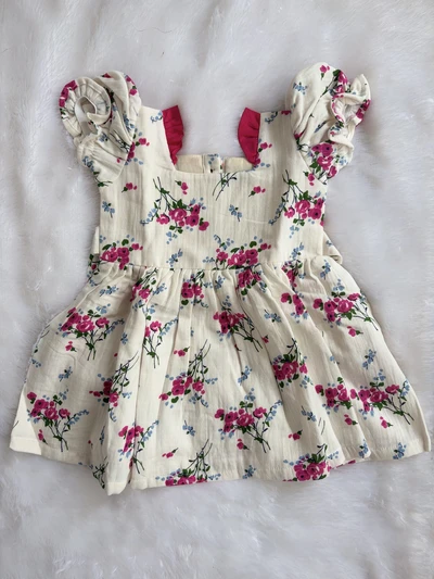 White pink floral muslin frock