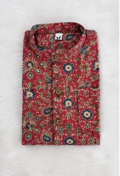 Red kantha ajrakh shirt