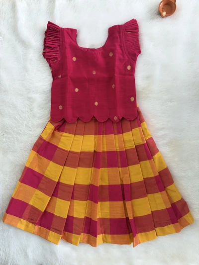 Pink yellow checks pavadai sattai