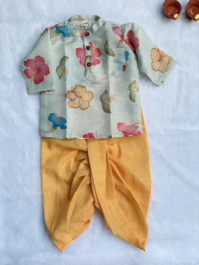 Pista green and yellow dhoti set