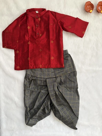 Red and grey raw silk dhoti set