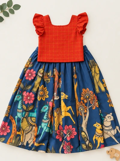 Kalamkari skirt set - Honey and Blue