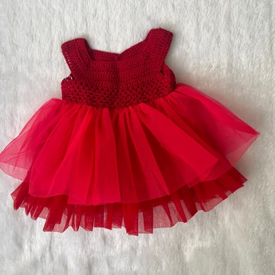 Crochet Tulle Dress - Red